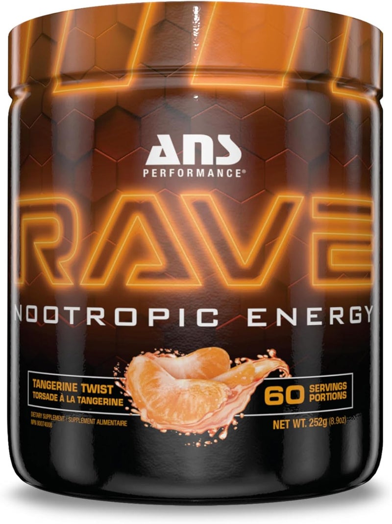 ANS Performance Rave 60 Servings 89 oz  High Energy No Crash Formula  Memory  Focus Supplement  SugarFree Boost MindBody Neural Connections Tangerine Twist - Image 1