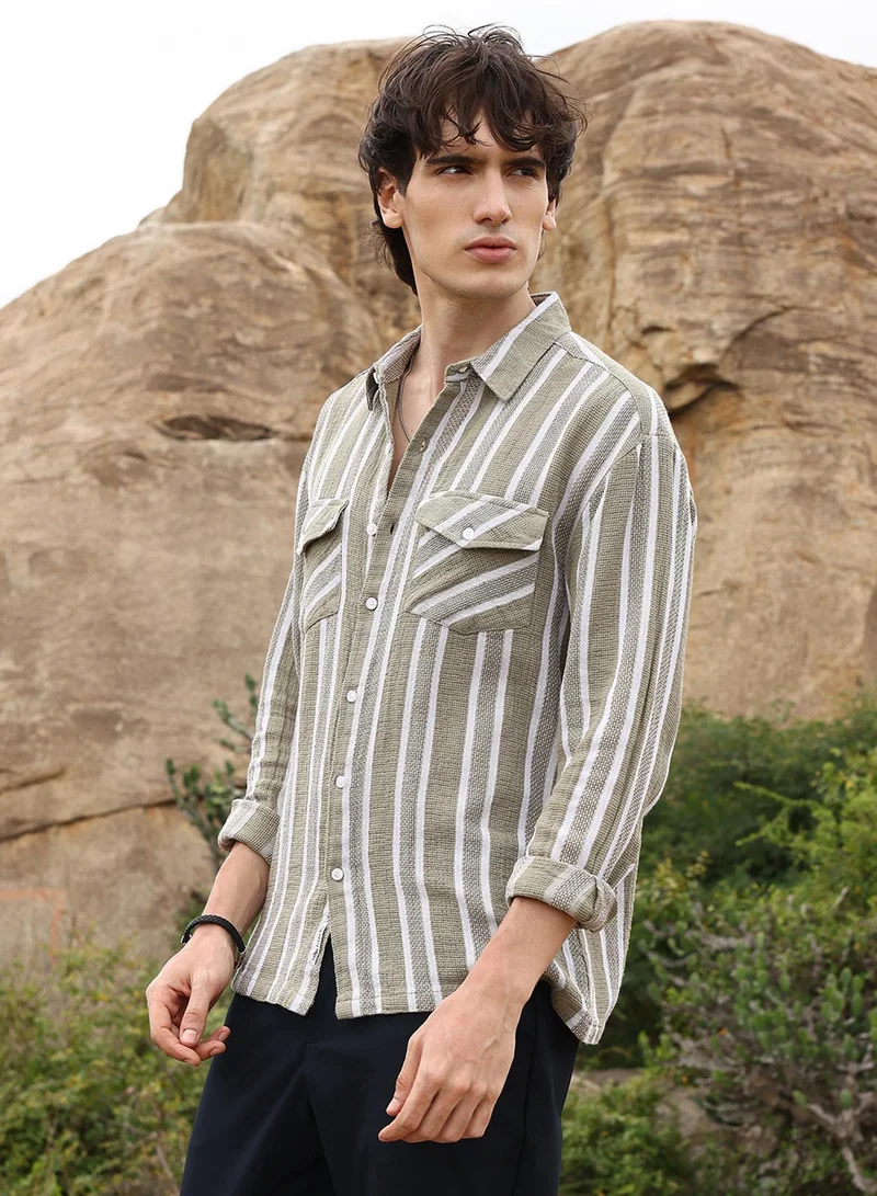 Campus Sutra Campus Sutra Men's Brown & Off-White Utility Halo-Stripe Oversized Shirt For Casual Wear | Spread Collar | Long Sleeve | Button Closure | Oversized Shirt Crafted With Comfort Fit For Everyday Wear