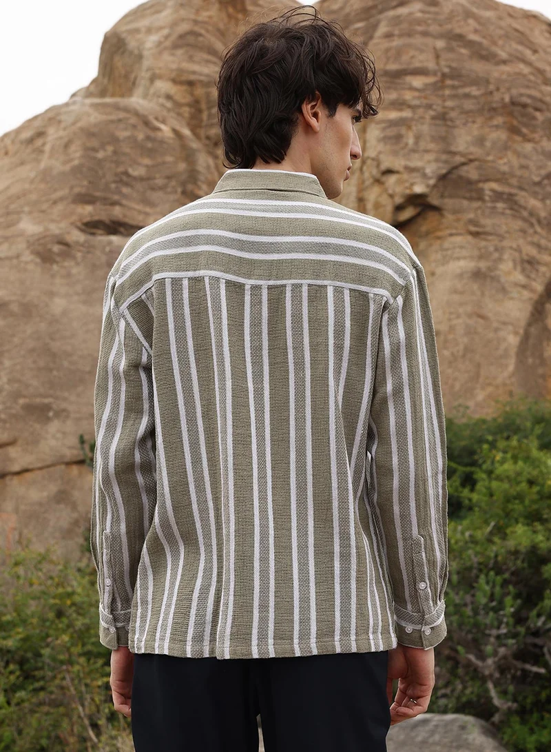 Campus Sutra Campus Sutra Men's Brown & Off-White Utility Halo-Stripe Oversized Shirt For Casual Wear | Spread Collar | Long Sleeve | Button Closure | Oversized Shirt Crafted With Comfort Fit For Everyday Wear