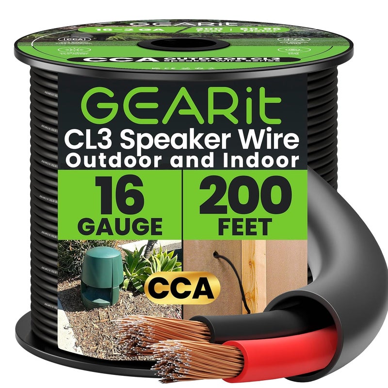 GearIT Outdoor Speaker Wire CL3 Rated, 16 Gauge Speaker Wire, Speaker Cable 200 ft for Outdoor Speakers, Patio, Garden, Backyard Audio, Direct Burial in Ground/in Wall, CCA (Black, 2-Conductors) - Image 1