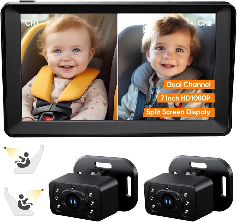 Kidsneed Baby Car Camera for 2 Kids  7 Inch HD1080P Split Screen Baby Monitor with Dual Backseat Camera 150 Wide View  360 Rotatable Night Vision Easy Install RearFacing Baby Car Mirror - Image 1