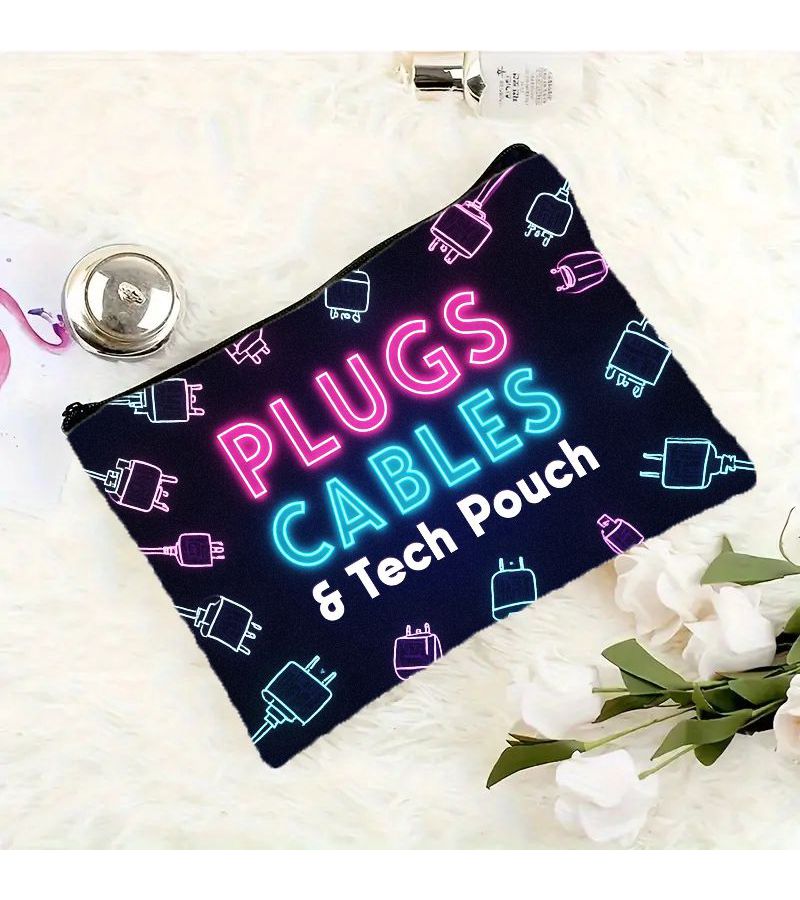 Style-01 2D Flat Neon Glow Tech Organizer Pouch With Graphic Print Lightweight Durable Zipper Closure Cable Storage Bag For Chargers And USB Accessories - Image 5