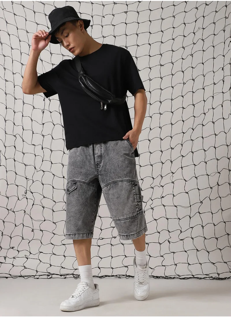 Hubberholme Men's Black 100% Cotton Distressed Cropped Loose Fit Shorts