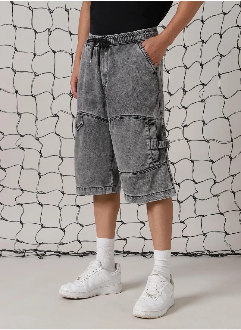Hubberholme Men's Black 100% Cotton Distressed Cropped Loose Fit Shorts