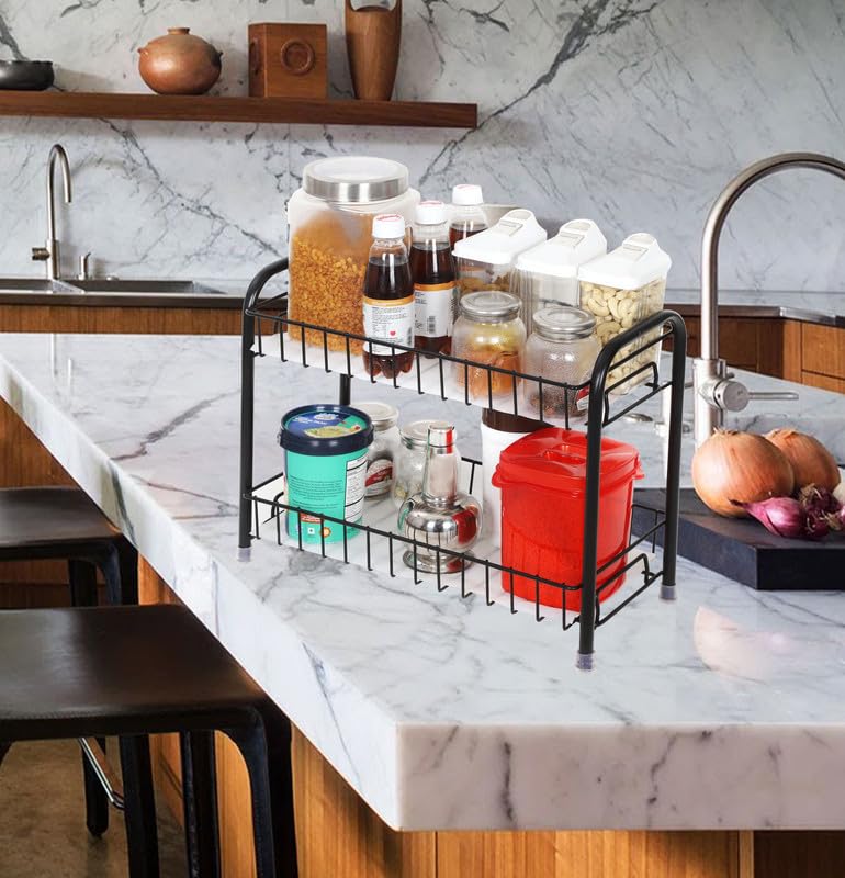 TRIBHU Metal 2Tier Kitchen Rack and Organizer Spice Rack and Container Organizer Mount Trolley Container for BoxesUtensils Dishes Plates for Home Kitchen countertop stand Black - Image 4
