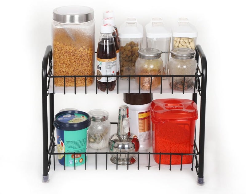 TRIBHU Metal 2Tier Kitchen Rack and Organizer Spice Rack and Container Organizer Mount Trolley Container for BoxesUtensils Dishes Plates for Home Kitchen countertop stand Black - Image 3