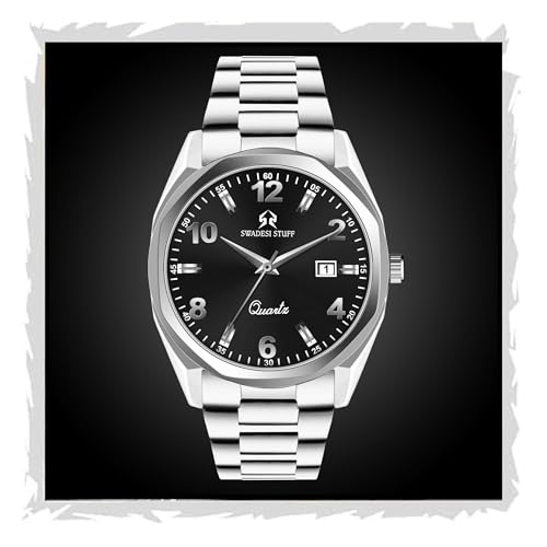 SWADESI STUFF Men's Premium Stainless Steel Analog Quartz Watch – 42mm Hexagon Dial with Date Display (Blue/Black/White) (Black) - Image 1