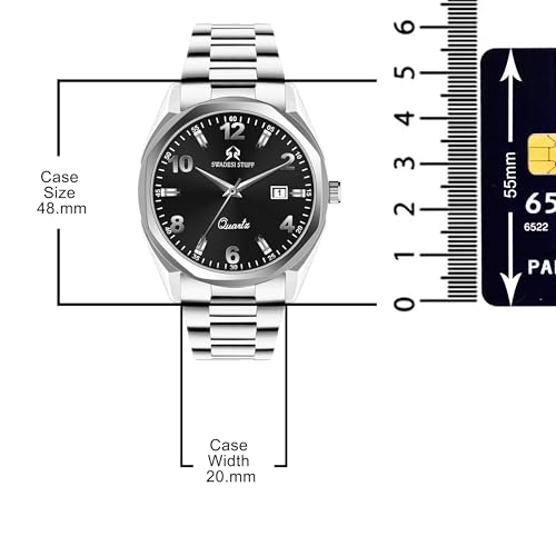 SWADESI STUFF Men's Premium Stainless Steel Analog Quartz Watch – 42mm Hexagon Dial with Date Display (Blue/Black/White) (Black) - Image 4