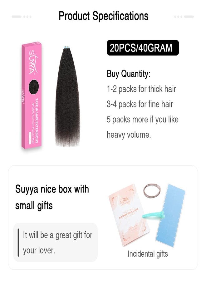SUYYA Kinky Straight Tape in Extensions Natural Black Tape in Hair Extensions Human Hair Kinky Straight 12 Inch Skin Weft 40g/Pack 20PCS Tape INS for Women(#1B Natural Black) - Image 2
