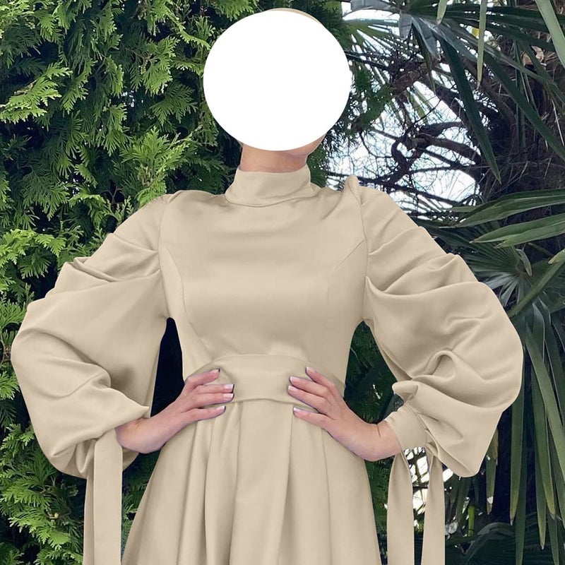 OBEEII Muslim Dress for Women Loose Full Cover Long Abaya Satin Dress Kaftan Abayas Islamic Robe Beige X-Large - Image 4