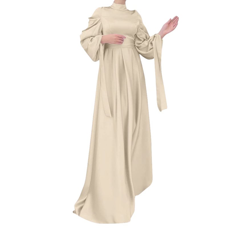 OBEEII Muslim Dress for Women Loose Full Cover Long Abaya Satin Dress Kaftan Abayas Islamic Robe Beige X-Large - Image 2