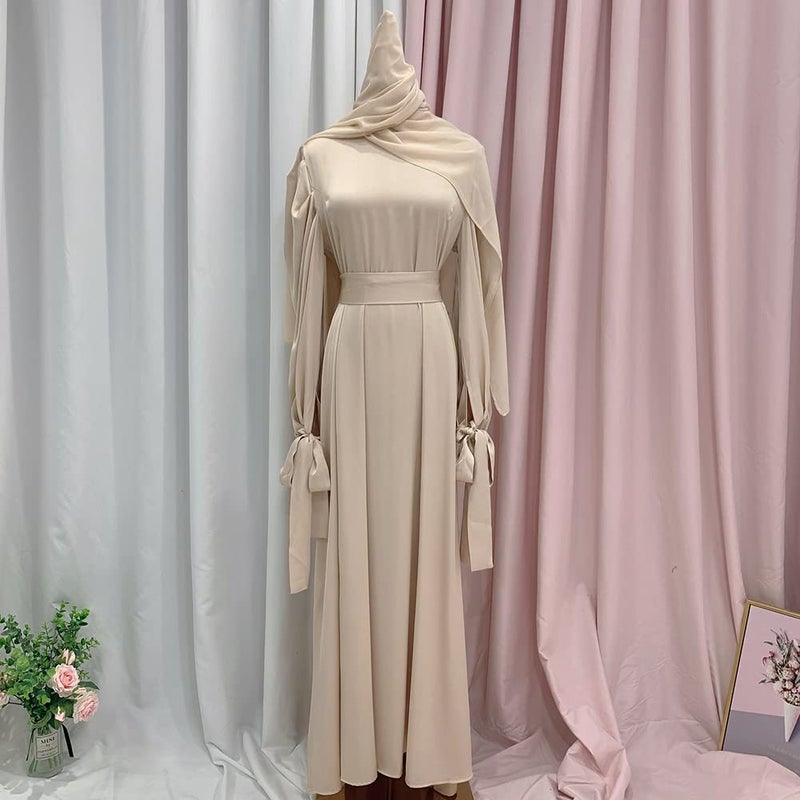 OBEEII Muslim Dress for Women Loose Full Cover Long Abaya Satin Dress Kaftan Abayas Islamic Robe Beige X-Large - Image 5