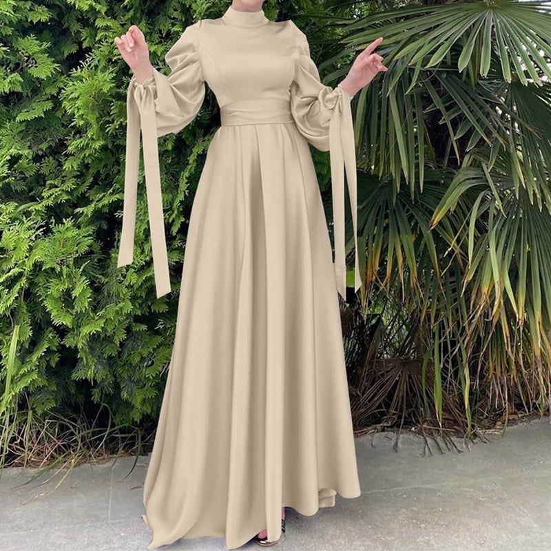 OBEEII Muslim Dress for Women Loose Full Cover Long Abaya Satin Dress Kaftan Abayas Islamic Robe Beige X-Large - Image 3