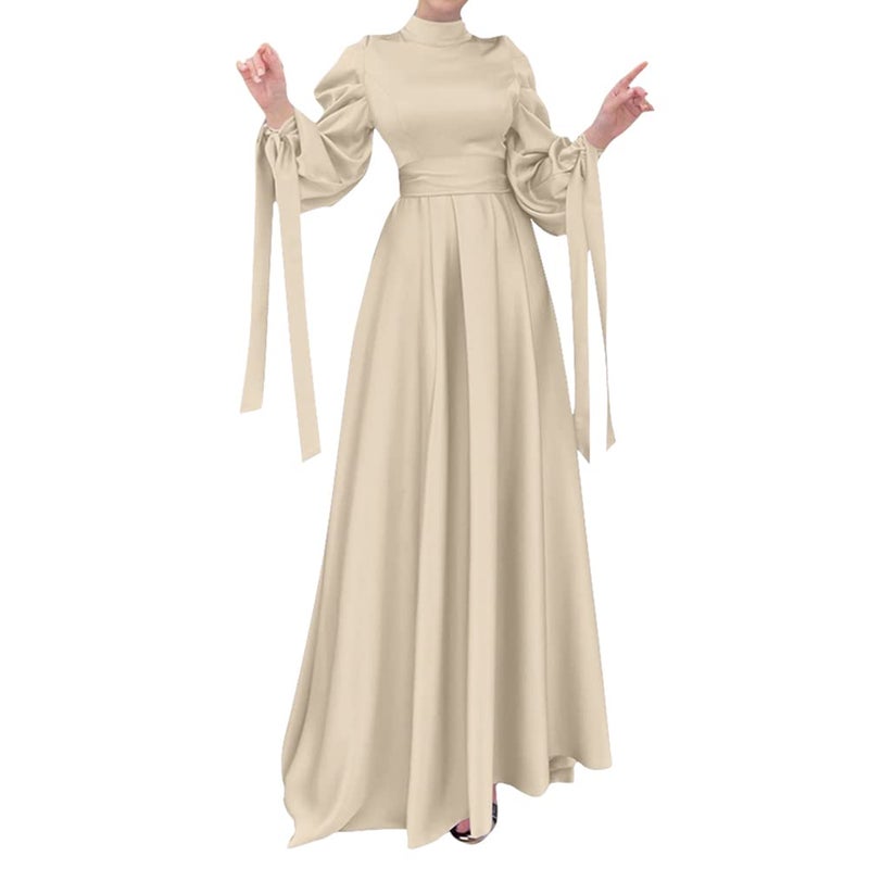 OBEEII Muslim Dress for Women Loose Full Cover Long Abaya Satin Dress Kaftan Abayas Islamic Robe Beige X-Large - Image 1
