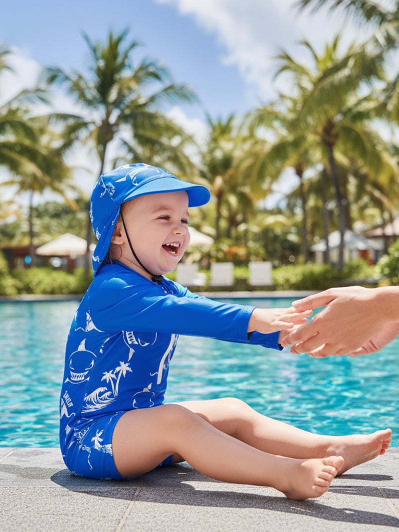 Toddler Baby Rash Guard Swimsuit Cute Shark Print Zipper Long Sleeve Bathing Suit with Swim Cap - Image 3