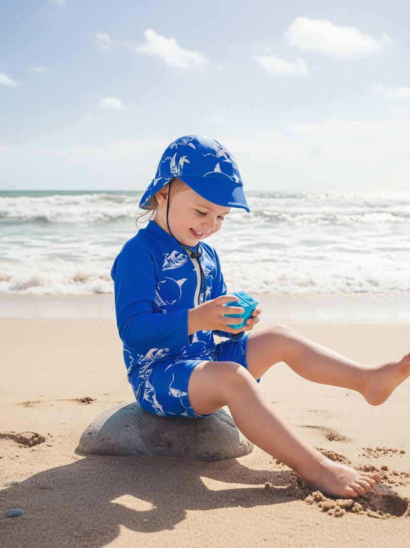 Toddler Baby Rash Guard Swimsuit Cute Shark Print Zipper Long Sleeve Bathing Suit with Swim Cap - Image 2