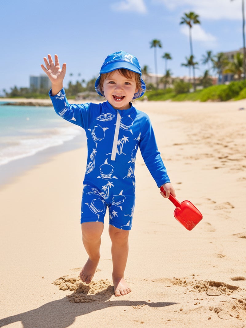 Toddler Baby Rash Guard Swimsuit Cute Shark Print Zipper Long Sleeve Bathing Suit with Swim Cap - Image 4