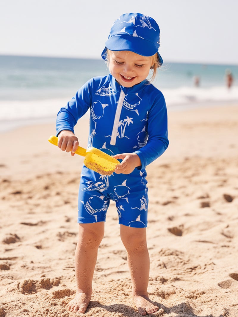 Toddler Baby Rash Guard Swimsuit Cute Shark Print Zipper Long Sleeve Bathing Suit with Swim Cap - Image 5