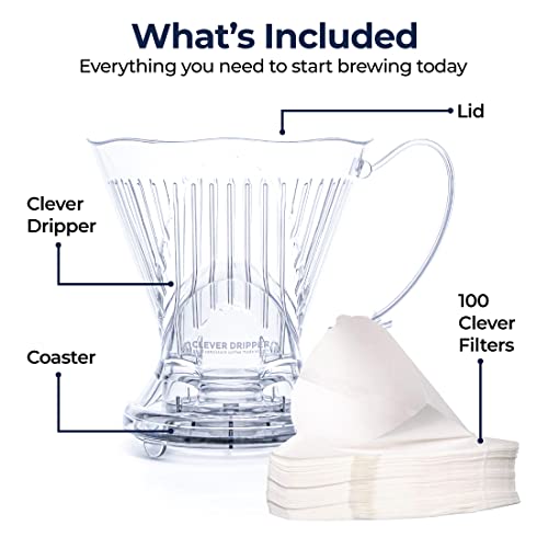 Clever Coffee Dripper and Filters, Large 18 oz, Original Classic Design, Safe BPA Free Plastic, dripper coffee maker, drip coffee maker pour over, 100 filters, coaster and lid, 18 oz (Clear) - Image 2
