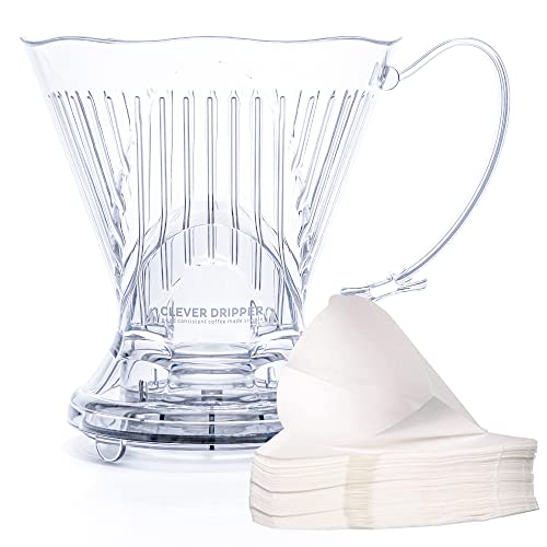 Clever Coffee Dripper and Filters, Large 18 oz, Original Classic Design, Safe BPA Free Plastic, dripper coffee maker, drip coffee maker pour over, 100 filters, coaster and lid, 18 oz (Clear) - Image 1