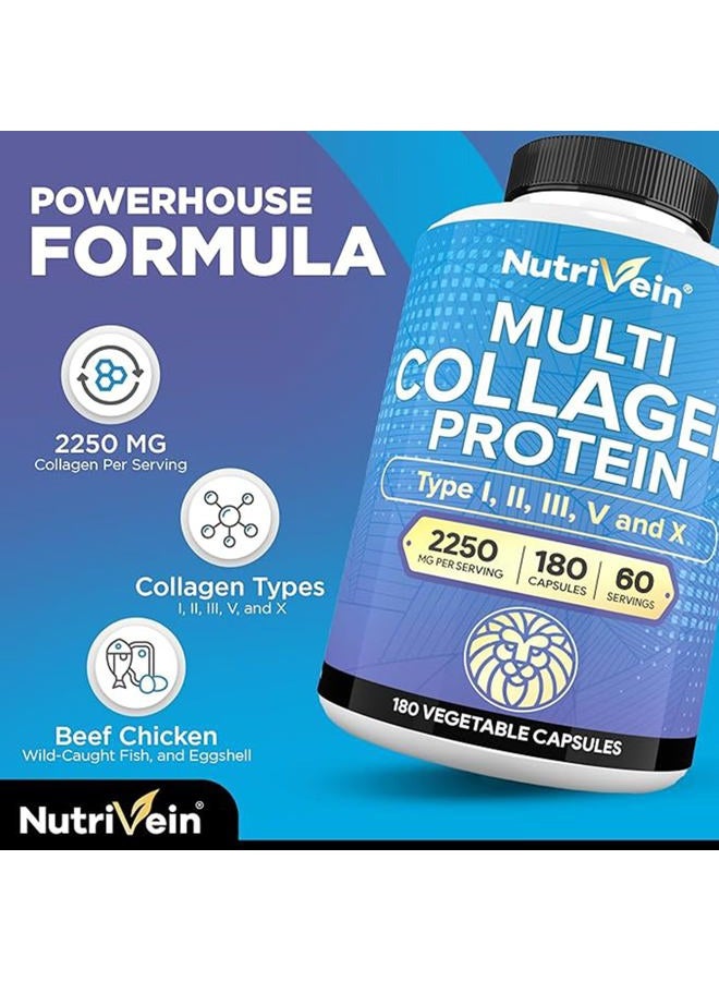 Nutrivein Premium Multi Collagen Pills 2250 mg - 180 Easy-to-Swallow Collagen Capsules: Type I, II, III, V, X Hydrolyzed Protein Peptides for Women and Men - Aging, Joints, Hair, Skin, Bones, & Nails - Image 3