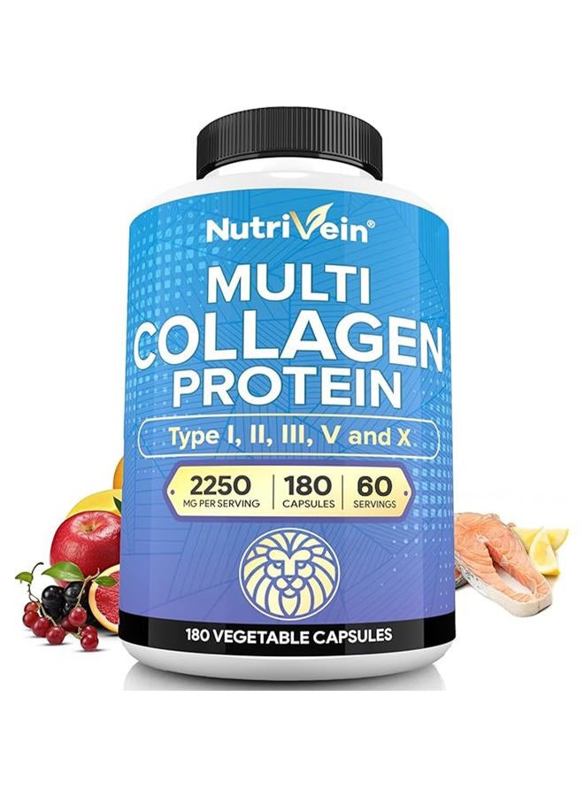 Nutrivein Premium Multi Collagen Pills 2250 mg - 180 Easy-to-Swallow Collagen Capsules: Type I, II, III, V, X Hydrolyzed Protein Peptides for Women and Men - Aging, Joints, Hair, Skin, Bones, & Nails - Image 1