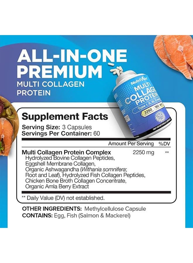 Nutrivein Premium Multi Collagen Pills 2250 mg - 180 Easy-to-Swallow Collagen Capsules: Type I, II, III, V, X Hydrolyzed Protein Peptides for Women and Men - Aging, Joints, Hair, Skin, Bones, & Nails - Image 2