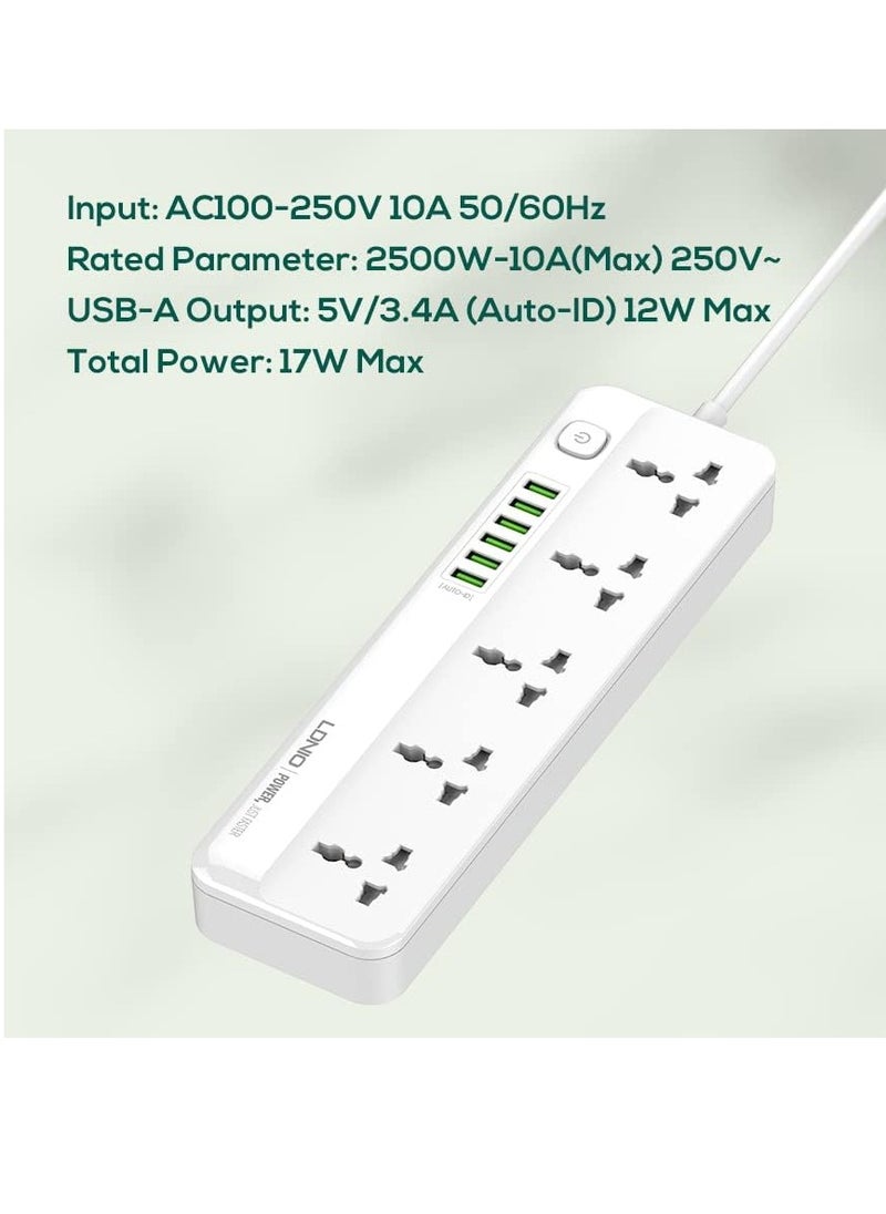 LDNIO Power Strip Protector With5 Ac Outlets And 6 Usb Charging Ports Power Socket, With 2M Cord 2500w - SC5614 White  - Image 4