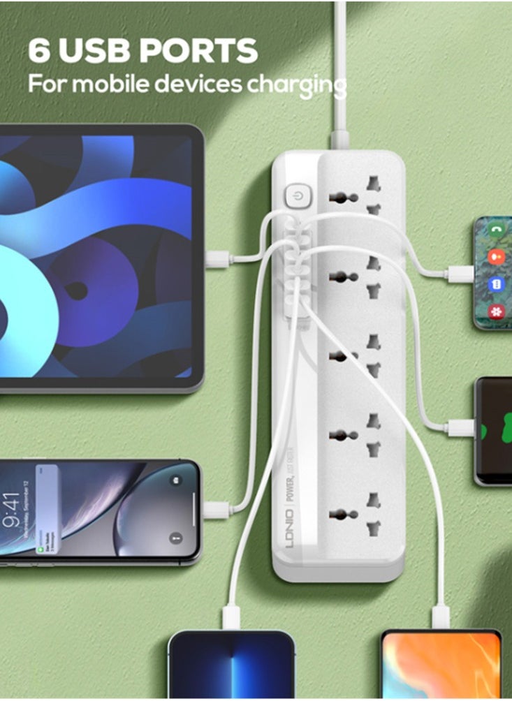 LDNIO Power Strip Protector With5 Ac Outlets And 6 Usb Charging Ports Power Socket, With 2M Cord 2500w - SC5614 White  - Image 2