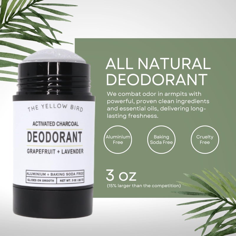 The Yellow Bird Natural Charcoal Deodorant - Baking Soda & Aluminum Free, For Men & Women, Sensitive Skin Friendly, Vegan, with Lavender, Grapefruit Essential Oils | 3oz | Made in USA - Image 2