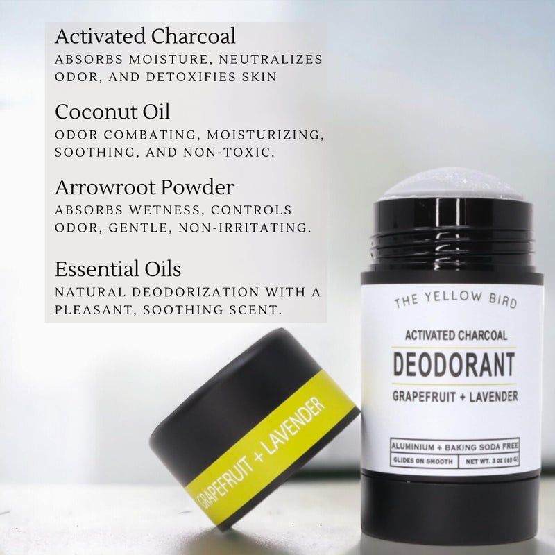 The Yellow Bird Natural Charcoal Deodorant - Baking Soda & Aluminum Free, For Men & Women, Sensitive Skin Friendly, Vegan, with Lavender, Grapefruit Essential Oils | 3oz | Made in USA - Image 5