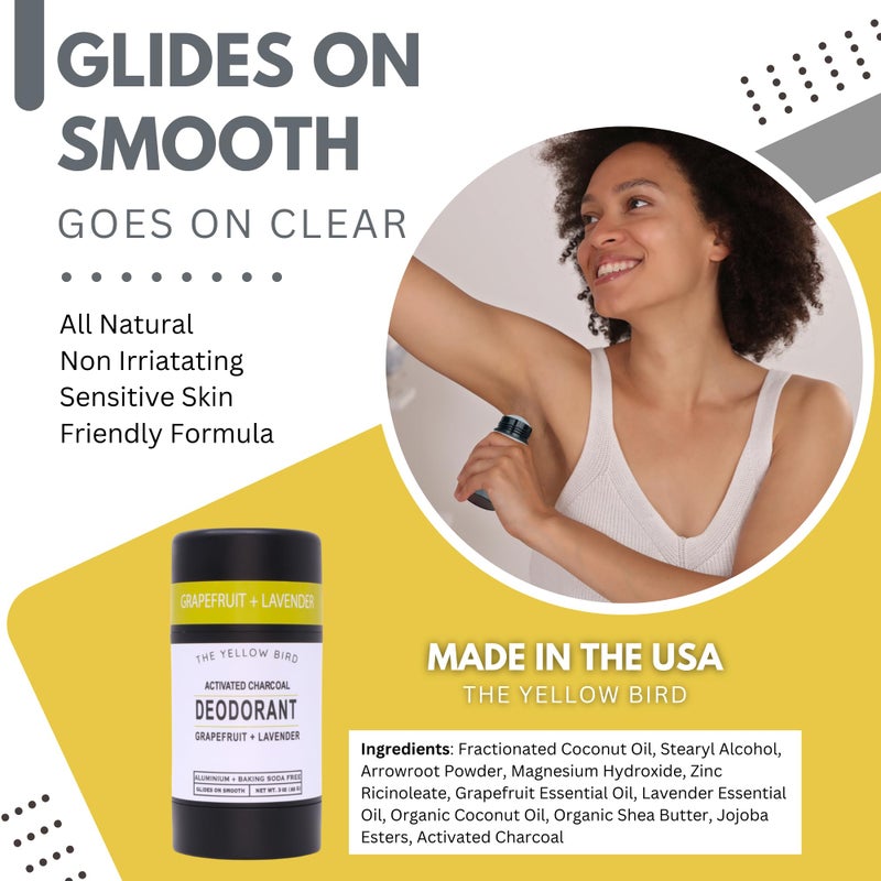The Yellow Bird Natural Charcoal Deodorant - Baking Soda & Aluminum Free, For Men & Women, Sensitive Skin Friendly, Vegan, with Lavender, Grapefruit Essential Oils | 3oz | Made in USA - Image 4