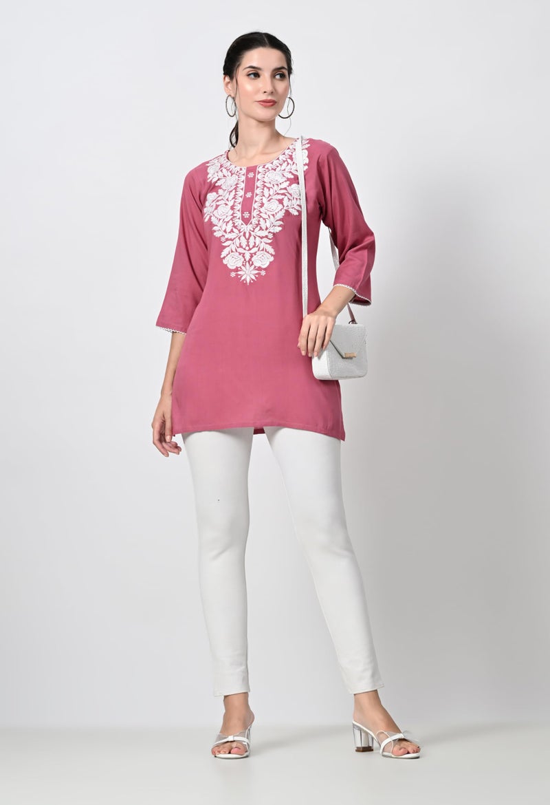 LIBOZA Store LIBOZA Kurti for Women - Short Chikankari Kurtis for Girls, Lakhnawi Tunic Top Kurta Design for Ladies, Woman Ethnic Kurthis & Shirt with Sleeve (Medium, Pink) - Image 4