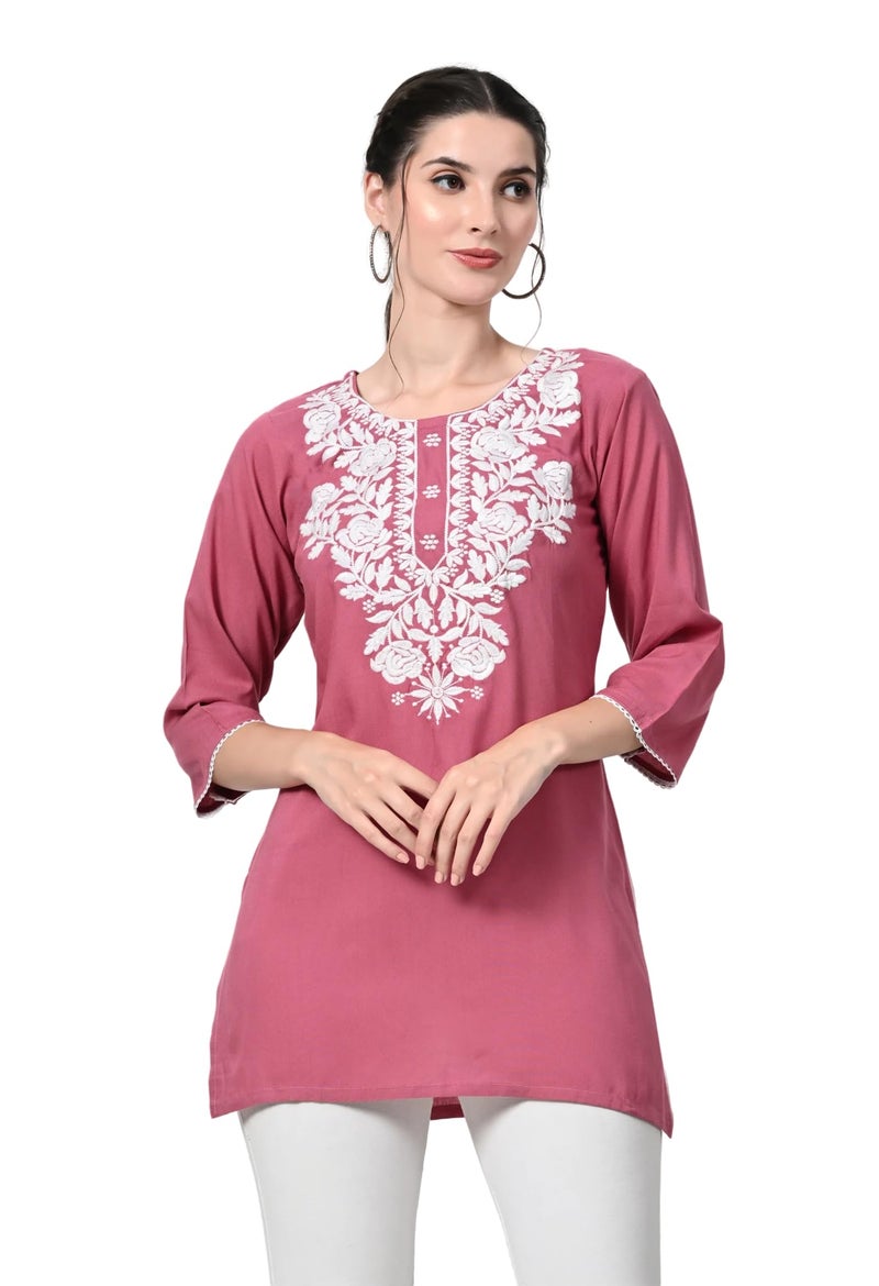 LIBOZA Store LIBOZA Kurti for Women - Short Chikankari Kurtis for Girls, Lakhnawi Tunic Top Kurta Design for Ladies, Woman Ethnic Kurthis & Shirt with Sleeve (Medium, Pink) - Image 1