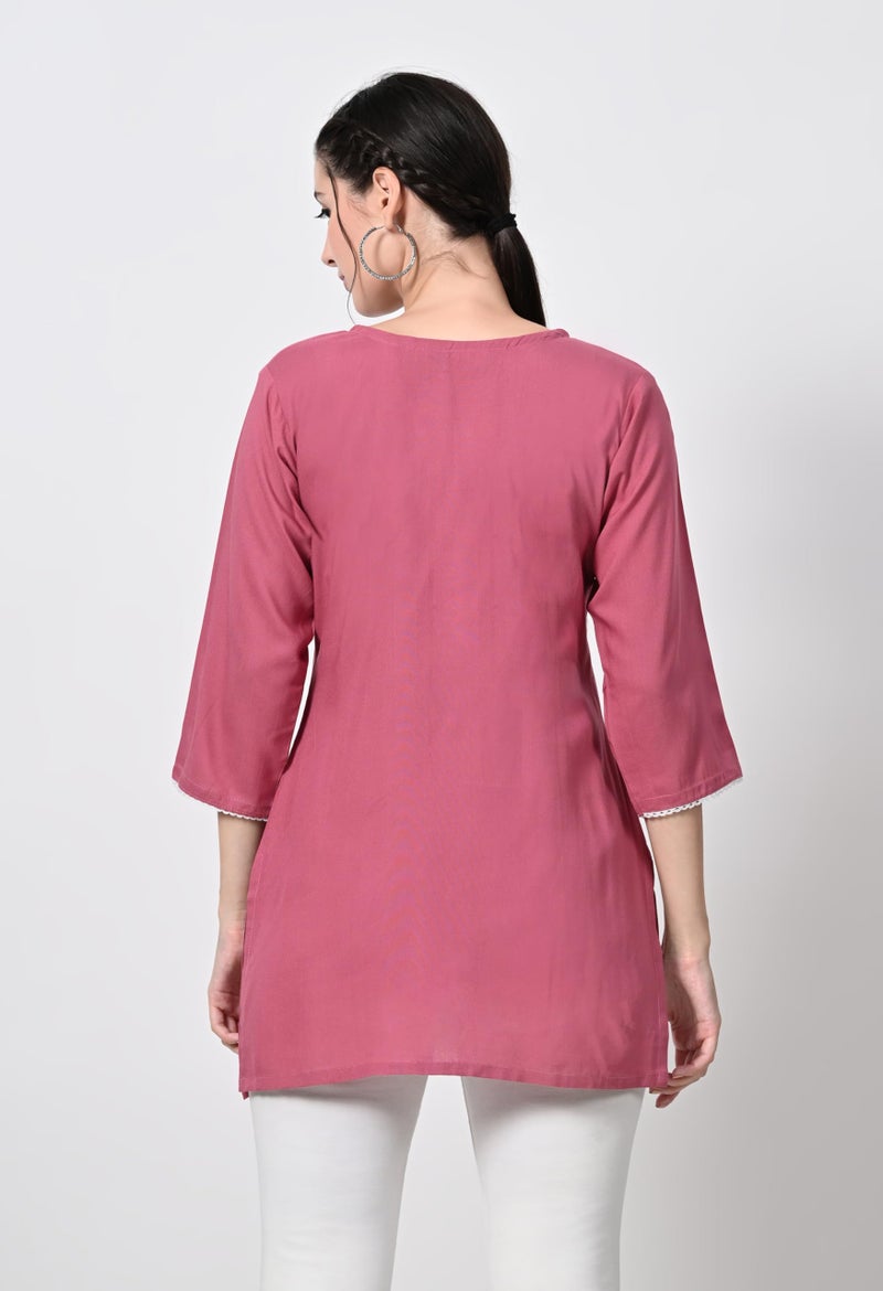 LIBOZA Store LIBOZA Kurti for Women - Short Chikankari Kurtis for Girls, Lakhnawi Tunic Top Kurta Design for Ladies, Woman Ethnic Kurthis & Shirt with Sleeve (Medium, Pink) - Image 3