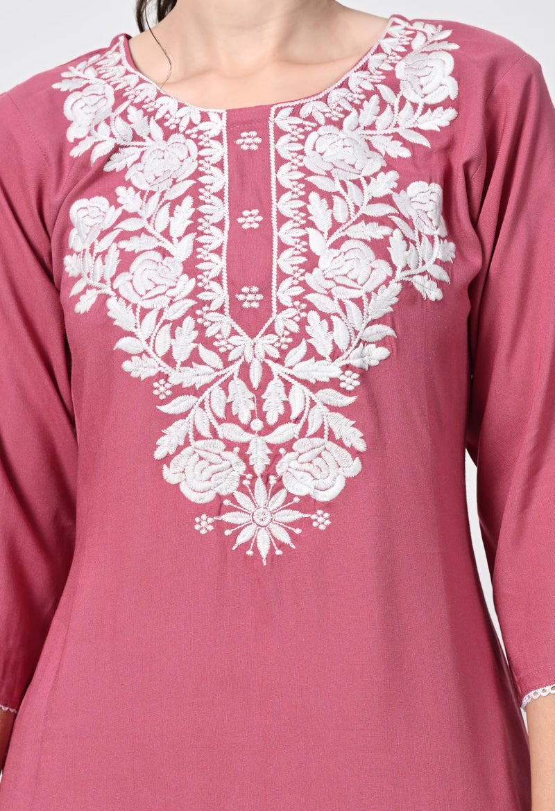LIBOZA Store LIBOZA Kurti for Women - Short Chikankari Kurtis for Girls, Lakhnawi Tunic Top Kurta Design for Ladies, Woman Ethnic Kurthis & Shirt with Sleeve (Medium, Pink) - Image 2