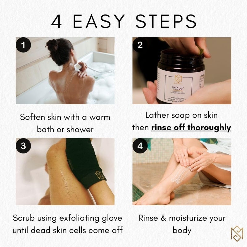 MS Exfoliating Glove Kessa Mitt Body Scrubber - Dead Skin Remover Shower Glove for Dead Skin Scrubbing and Deep Pore Cleansing - by MoroccanSource (1 Pack Black with soap Sample) - Image 5