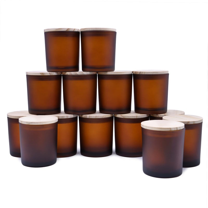 SHOWIN 8 OZ Thick Candle Jars for Making Candles 15 Pcs, Empty Amber Jars with Wood Lids for Candle Making, Sample Container, Frosted Brown - Image 1