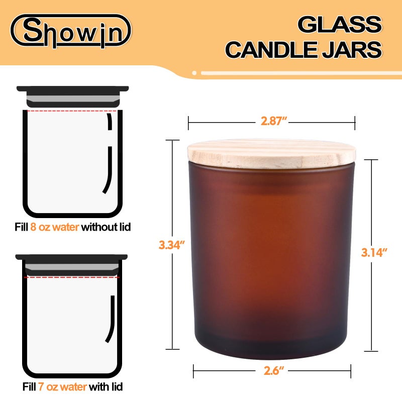 SHOWIN 8 OZ Thick Candle Jars for Making Candles 15 Pcs, Empty Amber Jars with Wood Lids for Candle Making, Sample Container, Frosted Brown - Image 4
