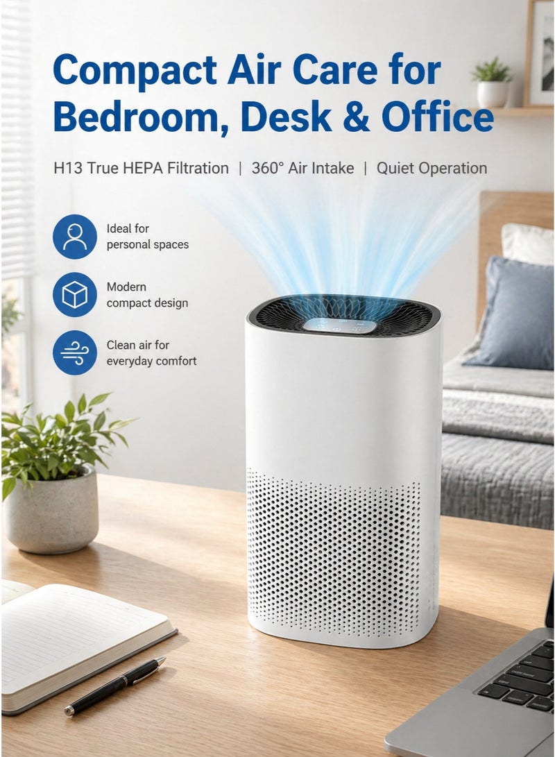 X-Panda Air Purifier Desktop, H13 True HEPA Filter, 360° Air Intake, Quiet Air Cleaner, Touch Control, 3 Fan Speeds, 2/4/8H Timer, Aroma Sponge, Filter Reminder, White, for Bedroom, Desk & Office - Image 1