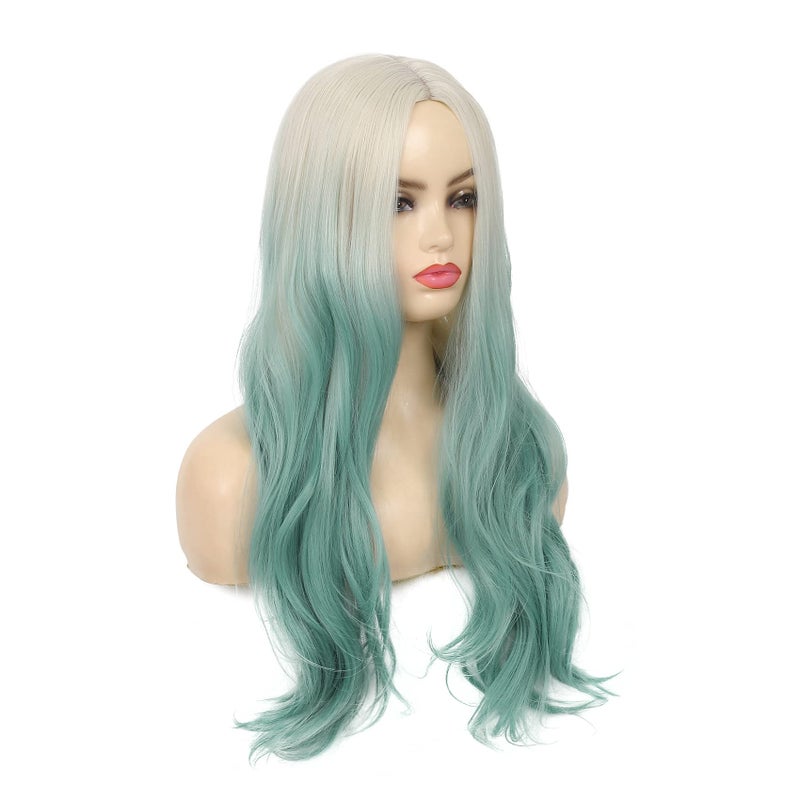 Dai Cloud Ombre Green Wig for Women Synthetic Long Curly Wavy Ombre Light Green Wigs with Blonde Roots Middle Part Wigs for Party Daily Halloween Use - Image 4
