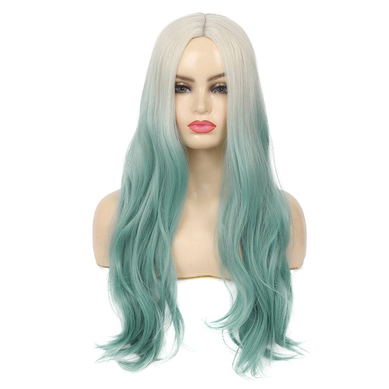 Dai Cloud Ombre Green Wig for Women Synthetic Long Curly Wavy Ombre Light Green Wigs with Blonde Roots Middle Part Wigs for Party Daily Halloween Use - Image 3