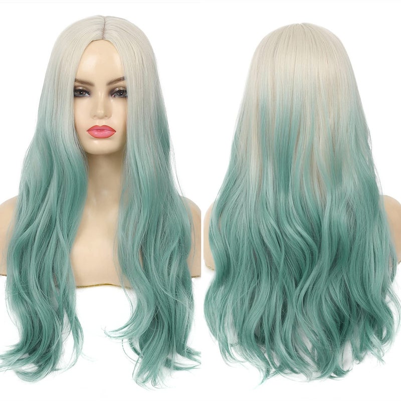 Dai Cloud Ombre Green Wig for Women Synthetic Long Curly Wavy Ombre Light Green Wigs with Blonde Roots Middle Part Wigs for Party Daily Halloween Use - Image 1