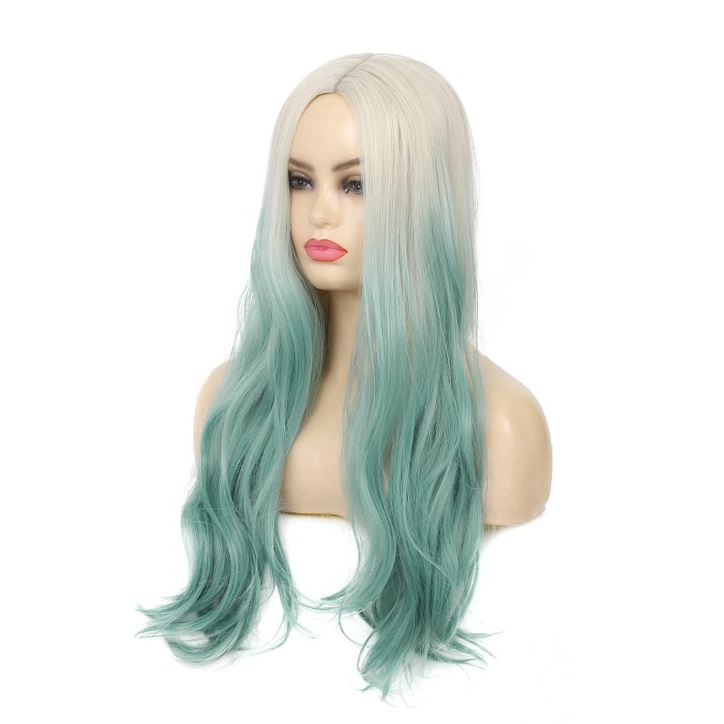 Dai Cloud Ombre Green Wig for Women Synthetic Long Curly Wavy Ombre Light Green Wigs with Blonde Roots Middle Part Wigs for Party Daily Halloween Use - Image 5