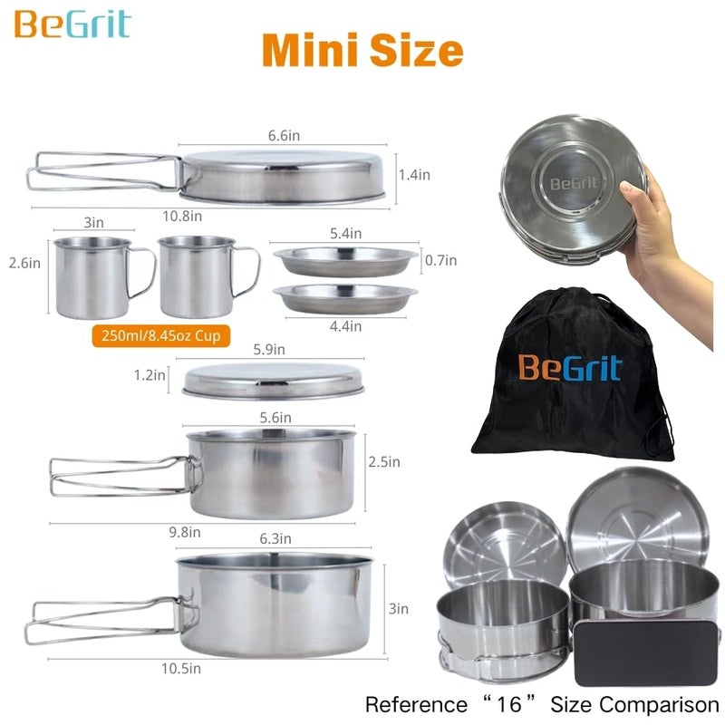 BeGrit طقم أواني الطهي للتخييم من BeGrit - طقم صغير للتخييم مع مجموعة من القدور والمقالي 8 قطع للمشي لمسافات طويلة - Image 2
