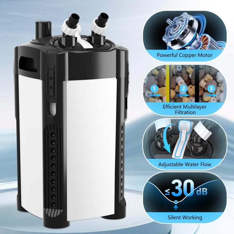 AQQA 475GPH Canister Filter, Ultra-Quiet External Aquarium Canister Filters, 3 Stage Filtration Aquarium Filter with Quartz Balls and Filter Cotton for Fish Tanks and Aquariums Up to 100 Gallon 25W - Image 4