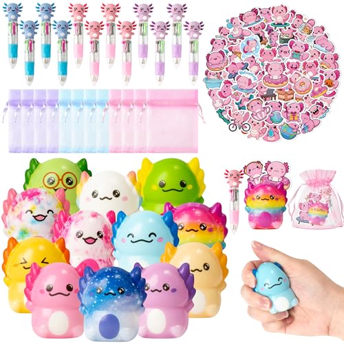 CY2SIDE 12 Pack Axolotl Squeeze Toys Party Favor Gift Set Included Random Slow Rising Squishy Toys 4in1 Ballpoint Pen Cute Stickers and Organza Bag Axolotl Party Goodie Bag Fillers for Kids Reward - Image 1