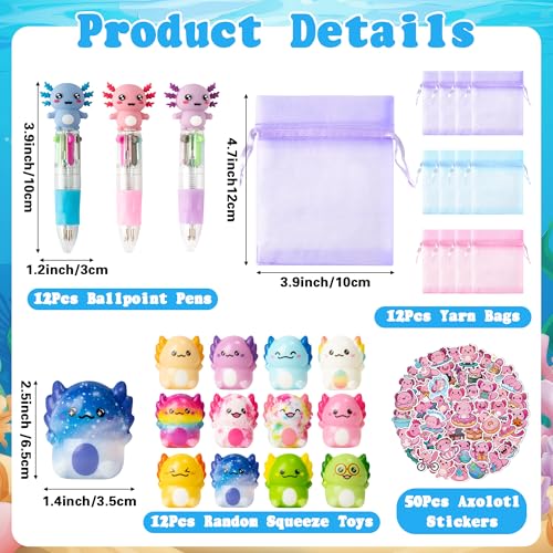 CY2SIDE 12 Pack Axolotl Squeeze Toys Party Favor Gift Set Included Random Slow Rising Squishy Toys 4in1 Ballpoint Pen Cute Stickers and Organza Bag Axolotl Party Goodie Bag Fillers for Kids Reward - Image 5