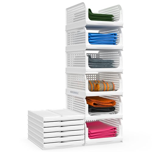 Skrill Pack of 6 Foldable, Sliding & Stackable Plastic Drawer Wardrobe Organizer for Storage Clothes | Ideal Wardrobe Shelf Organiser for Innerwear, Shirt, Socks | White - Image 1