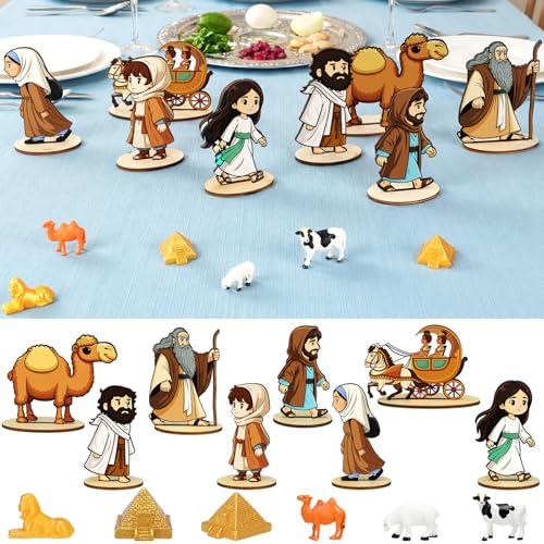 Vicenpal 14 Pcs Passover Table Centerpiece Happy Passover Egyptian Figurines Ancient Jewish Pesach Wooden Tabletop Decor with Base Sphinx Camel Pyramid Moses Crowd for Jewish Indoor Party Decor - Image 1